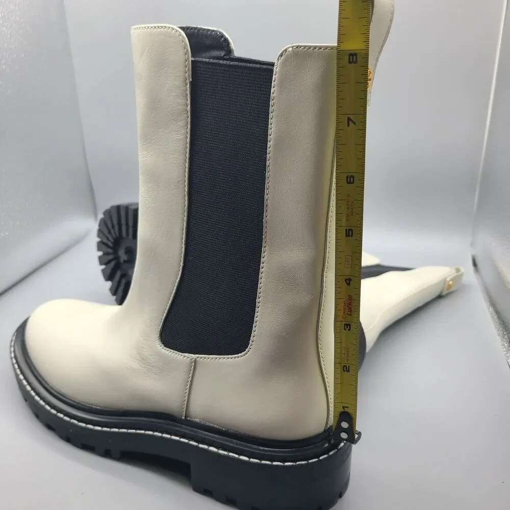 TORY BURCH Womens Benton Boots Pull On Chelsea Ivory Leather Midcalf sz 8.5 New